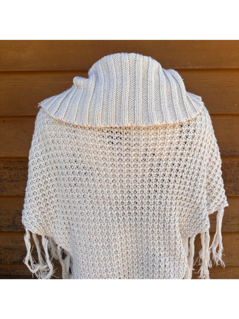 Say What Y2K Beige Woven Acrylic Fringe Poncho Button Collar Open Knit Design - Picture 7 of 8